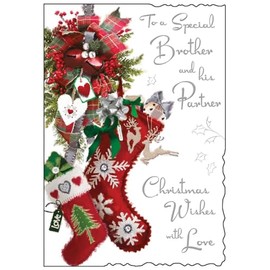 Jonny Javelin Brother and His Partner Christmas Card - Christmas Stockings and Decorations - Artistic Festive Design - Special Finishes and Illustrated Insert Leaf - Made in the UK