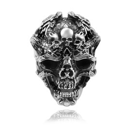 Men's Skull Ring Vintage Stainless Steel Silver Plated Gothic Ring Skull Cool Punk Black Adjustable Size Ring