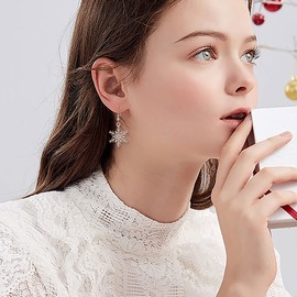 Ever Faith Party Snowflake Drop Hook Earrings Pierced Dangle Winter Austrian Crystal for Women Girls Pink Silver-Tone