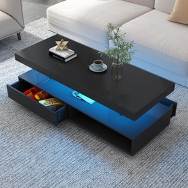 LUMISOL High Gloss Coffee Table with 2 Drawers and Display Shelf, UV Cocktail Table with 16 Colors LED Lights, Modern Center Table for Living Room, Black