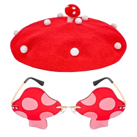 Bcxfbxd 2Pcs Mushroom Sunglasses Mushroom Beret Hat Vintage Irregular Rimless Eyewear Painter Hat Mushroom Set for Women Red