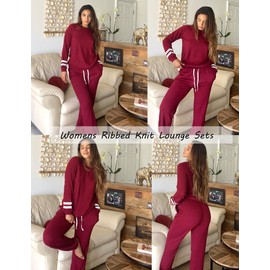 Ekouaer 2 Piece Long Sleeve Sweatsuits with Pockets Lounge Sets for Women Ribbed Knit Outfits Pajamas Sets Wine Red