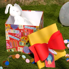 BIOBROWN Medium Birthday Gift Boxes with Lids for Presents, 9x9x9 Inches Colorful Party Pop Birthday Design Collapsible Gift Box for Baby Shower, Party