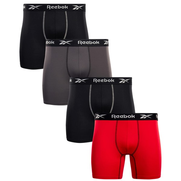 Reebok Mens Active Underwear, Performance Boxer Briefs Underpants, 4 in 1 Pack, BlackRedGrey, Medium