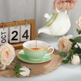 fanquare Tea for One with Gold Trim, Green Teapot Set for Adults, Ceramic Coffee Cup with Saucer, Classic Stripes