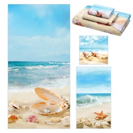 Moukeren Set of 3 Beach Bath Towels Coastal Ocean Bath Towel Hand Towels and Washcloth Soft Shell Conch Starfish Sea Nautical Decorative Towel Summer Gifts for Farmhouse Bathroom Kitchen