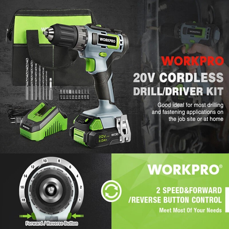 WORKPRO 20V Cordless Drill Driver Kits 3/8'' Keyless Chuck 2.0Ah