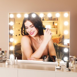 DKGEVEAO Vanity Mirror with Lights-Large Makeup Mirror, 27.6" x21.6'' Hollywood Lighted Mirror with 18 LED,3 Color Modes,Touch Control, USB Charger Port.Detachable 10X Spot Mirror, Metal Frame