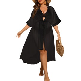 SWOMOG Women Cover Ups Plus Size Swimsuit Chiffon Kimono Long Cardigan Open Front Bathing Suit Summer Flowy Bikini Beachwear Black