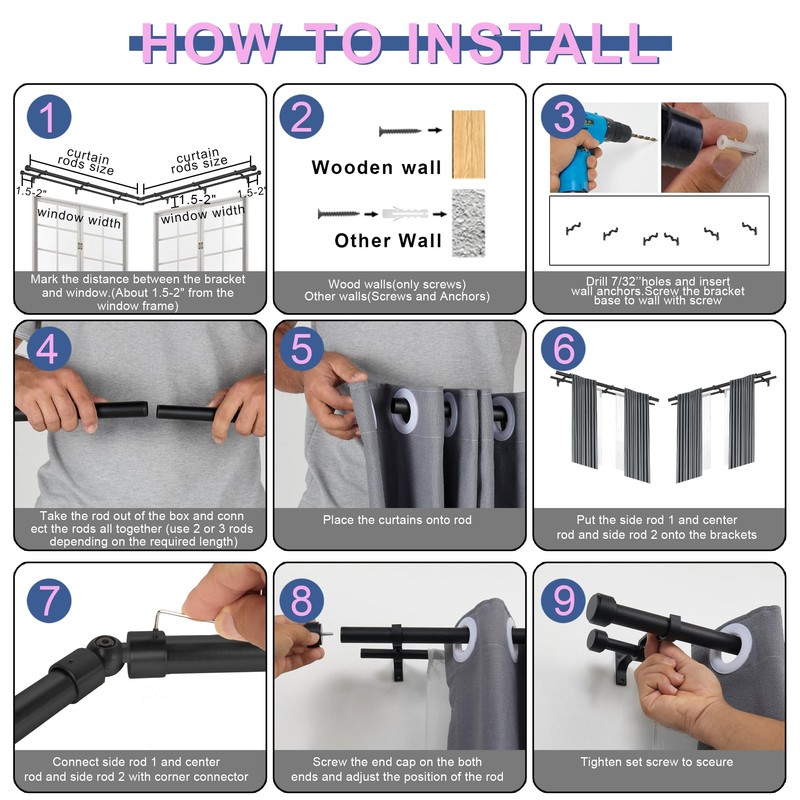 Mayrhyme Black Double Corner Window Curtain Rods with Aluminum End