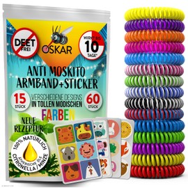 OSKAR Mückenschutz Armband für Kinder, 15 Stück + 60 Mückenpflaster zur Mückenabwehr - Bunt gemischt - Anti Mücken Set, extrem effektiver Kinder Mückenschutz für Camping, Urlaub & Festival