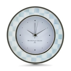 MACKENZIE-CHILDS Silver-Plated Round Desk Clock, Decorative Clock for Living Room, Kitchen, or Office, Gray-and-White Sterling Check