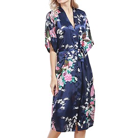 Initlove Women's Long Kimono Robe Silk Satin Cardigan Pajamas Peacock Nightgown for Partys Navy
