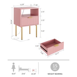 AEPOALUA Nightstand with Charging Station,Small Bedside Table with Gold Frame,Morden Pink Night Stand,End Table,Bedside Furniture,Side Table with Drawer and Shelf for Bedroom,Living Room