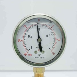 4" Oil Filled Vaccum Pressure Gauge - Stainless Steel Case, Brass, 3/8" NPT, Lower Mount Connection, 30HG/15PSI