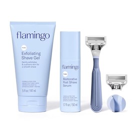 Flamingo Pubic Hair Razor for Women, Shaving Kit, 1 Razor, Exfoliating Shaving Gel 5 fl oz - Restorative Post Shave Serum 1.7 fl oz, Starter Set, Full Kit