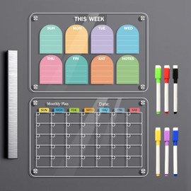 2 Pcs Acrylic Magnetic Calendar for Refrigerator Planning Board Dry Erase Board Bundle with Markers，Clear Weekly and Monthly Planner Fridge Calendar