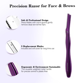 EROWZOLA Dermaplaning Tool for Face Eyebrow Razor and Facial Shaver for Women and Men Dermaplane Razor Peach Fuzz Exfoliation Remover Eyebrow Trimmer with 6 Refill Blades (Purple)