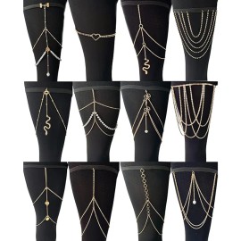12Pcs Thigh Chains Snake Heart Pearl CZ Leg Chain Boho Layered Body Chain Summer Beach Party Body Jewelry for Women Gold ToneColor: Gold