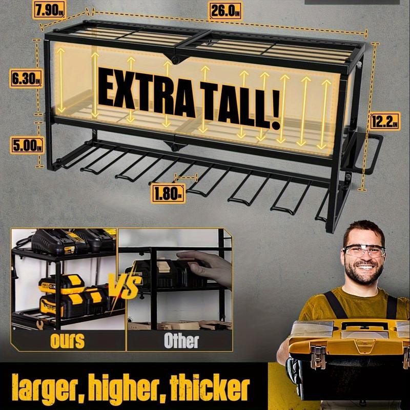 Power tool storage racks with charging stations, wall mounted drill
