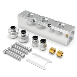 1PCS Aluminum Air Manifold 3 Way 5 Port Pneumatic Air Compressor Manifold Block Splitter 1/4"NPT Output Port 1/2"NPT Supply Port with Push to Connect Fitting
