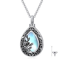 PELOVNY Moonstone Urn Necklace for Ashes 925 Sterling Silver Rose Flower Filigree Cremation Necklace for Ashes of loved Ones Memorial Keepsake Jewelry Gifts for Women
