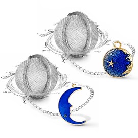 PUSCOBSY Enamel Moon Star Tea Infuser Set, 2 Pcs Tea Strainers for Loose Tea, Gold Plated Celestial Charm Pendant Loose Leaf Tea Ball Mesh, Tea Steeper for Brew Tea, Spices and Seasoning