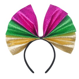 Doneace Mardi Gras Headband Sparkle Purple Green Gold Hairband Fat Tuesday Bow Headdress Design Carnival Hair Accessories for Women Girls Kids Mardi Gras Parade Party Gifts Holiday Headwear 1PCS