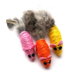 Sisal Mouse Cat Toy Rabbit Fur Tail - 3 pk