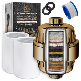 AquaHomeGroup 20 Stage Shower Filter for Hard Water - 2.5 GPM Universal Shower Head Filter for Chlorine, Fluoride, Heavy Metals - Vitamin C E Shower Water Filter for Hair and Skin (Golden)