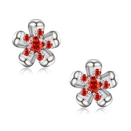 VYYU Silver Flower Earrings for Women Girls, Silver Stud Earrings with Shiny Cubic Zirconia, Beautiful Flower Stud Earrings | Sleeper Hypoallergenic Earrings Jewellery Christmas Birthday Gifts, Red