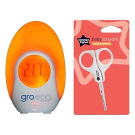Katsy Style Baby Care Essentials Combo – Safety Baby Scissors with Rounded Tips + Groegg Digital Nursery Thermometer with Nightlight – USB Powered, Color Changing Glow, LED Display
