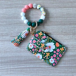Flower Keychain Wristlet Wallets for Women Cute Silicone Beaded Credit Card Holder Aesthetic Key Ring Bracelet Wallet (Cyan)