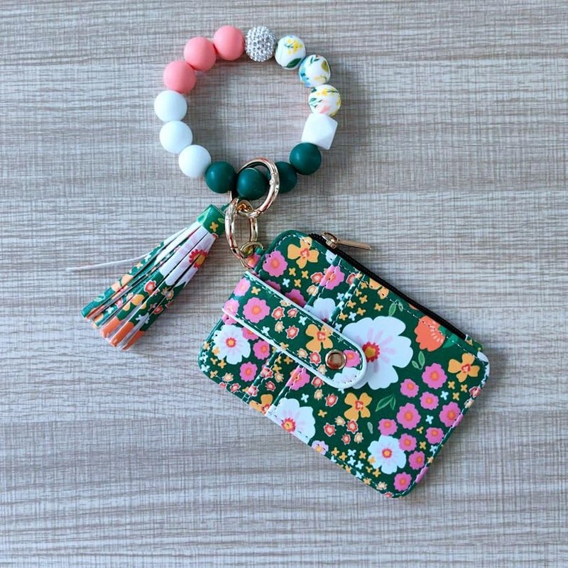 Flower Keychain Wristlet Wallets for Women Cute Silicone Beaded Credit