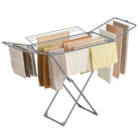 SONGMICS Clothes Drying Rack, Metal Laundry Drying Rack, Foldable, Space-Saving, Free-Standing Airer, with 4 Gullwings, Indoor Outdoor Use, Bed Linen Clothing, Gray ULLR541G01
