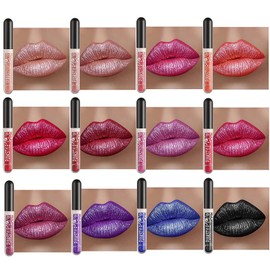 12 Pieces Metallic Diamond Liquid Glitter Shimmer Lipstick Matte Black Lipstick Set Tinted Lip Gloss Rich Pigment Long-Lasting Non-Stick Cup Waterproof Lip Glaze (ABCD)