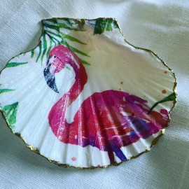 Pink Flamingo Trinket or Ring Dish, Shell Decoupage Flamingo Art, Beach Decor