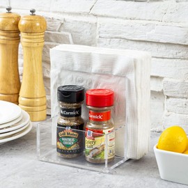 Clear Acrylic Napkin Holder and Salt & Pepper Caddy, Tabletop Kitchen Upright Napkin Dining Serviette and Condiment Rack