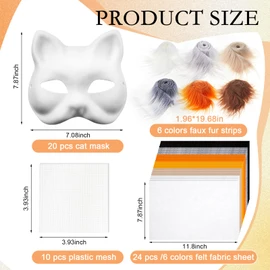 Seenelling 60 Pcs DIY Therian Mask Kit Blank Cat Mask with Felt Fabric Sheet Plush Faux Fur Eye Mesh for Therian Gear Stuff (Assorted Color)