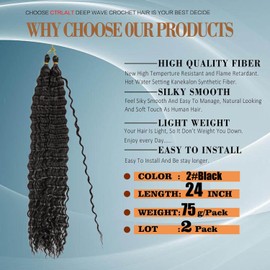 CTRLALT Deep Wave Crochet Hair black Braiding Hair 24 Inch for French Curl Crochet Braids Curly Crochet Hair Extensions(24inch, 2pack, 2#black)