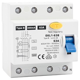 Warmfay FI Circuit Breaker Type B 63A 300mA 4-Pin VDE Certification Residual Current Circuit Breaker RCD All-Current Sensitive Switch Automatic Safety for Wall Boxes Charging Stations, DIN Rail