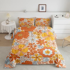 Castle Fairy Retro 70s 60s Floral Hippie Bedding Comforters Queen Size,Summer Groovy Flowers Comforter Set with 2 Pillowcases,Boho Plant 3pcs Children Adult Duvet Set,Soft