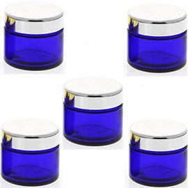 Blue Glass Jar 50 ml with Lid Silver, Empty Kosmetex Glass Cream Tin, Cosmetic Tin, Blue Glass, Silver, Pack of 5