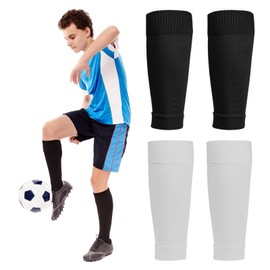 SwirlColor Children's Football Socks 2 Pairs Elastic Breathable Black White Football Shin Pad Socks Cut Leg Socks Sleeves for Football Basketball Running