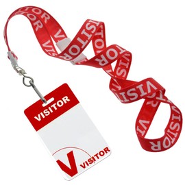 10 Pack - Visitor Badges with Lanyards - Heavy Duty Preprinted Visitor PVC Plastic Badge - Reusable & Dry Erase Writable - Red Breakaway Lanyard w/Swivel Clip - Guest Name Tag Holder - Specialist ID