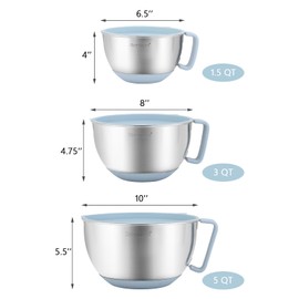 Rorence Stainless Steel Mixing Bowls Set: Non-Slip Silicone Bottom Kitchen Bowls with Pour Spout, Handle and Lid - Set of 3 - Light Blue
