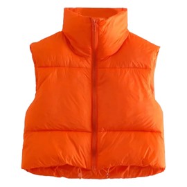 Shiyifa Women's Fashion High Neck Zipper Cropped Puffer Vest Jacket Coat (Orange, Medium)