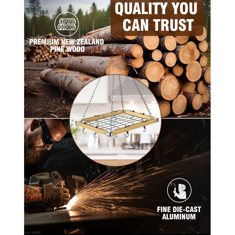 Cooks Standard Ceiling Mounted Wooden Pot Rack with Metal Grate,