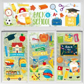 Whaline 8 Sheet Back to School Window Clings Stickers Gnome School Bus Pencil Double-Sided Static Window Decals for First Day of School Party Supplies Classroom Home Wall Glass Blackboard Decorations