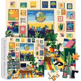 PICKFORU Cat Cozy Puzzles for Adults 1000 Pieces, Colorful Kitty Living Room Art Plant Puzzle, Vintage Animal Book Kitten Challenging Difficult Puzzle for Adults